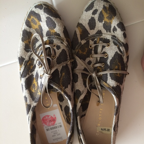 Charlotte Olympia women's size 35 EU leopard print lace up flat canvas loafers - Picture 1 of 7